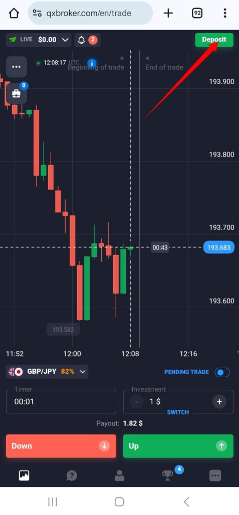 Select the deposit button option from the funding section within your account